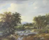 Stepping stones across the river, 23 x 28.5cm 10 x 12in by Edward Charles Williams, oil on canvas, sold May 2021