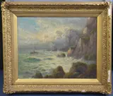Coastal scene with fishermen beside sea cliffs by Frank Hider, oil on canvas, sold May 2021
