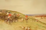 Huntsmen and hounds in a downland landscape by Robert Hugh Buxton, watercolour on board, sold May 2021
