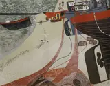 Fishing Boats on Hastings Beach by Melvyn Evans, 2018, linocut, sold May 2021