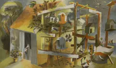 Fisherman's Hut' from The School Prints series, a set of 24 lithographs produced in the 1940s with the intention of bringing contemporary art to young children by Hans Tisdall, lithograph, sold May 2021