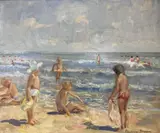 Playing by the sea by Pauline Brown, oil on board, sold May 2021