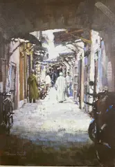 The Soukh, Marrakesh by Dennis Syrett, 1995, oil on canvas, sold May 2021
