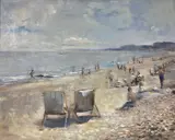 Beach scene by Pauline Brown, oil on board, sold May 2021