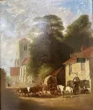 Outside The Six Bells and Willsden Church, Middlesex, original artist label verso, 35 x 29cm by William Hixon, oil on board, sold May 2021