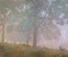 Early morning, Richmond Park by Nicholas Verrall, oil on board, sold May 2021