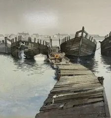 Hulks in harbour by Paul Bisson, ink and watercolour, sold May 2021