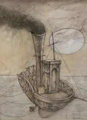 Study of a steam boat by Peter Nuttall, ink and watercolour, sold May 2021
