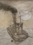 Study of a steam boat by Peter Nuttall, ink and watercolour, sold May 2021
