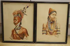 Studies of a Naga man and woman, Homalin Upper Chindwin by Yatanabon MgSu, watercolor, sold May 2021