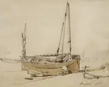 Mending fishing boats, Brighton 1838, old label verso, 18 x 22.5cm by Henry George Hine, ink and watercolour, sold May 2021