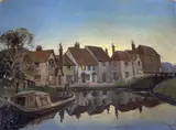 Canal boat and cottages at dawn by Reginald Mills, oil on panel, sold May 2021