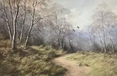 Landscape with birches and rabbits, 51 x 76cm by John Caesar-Smith, oil on canvas, sold May 2021