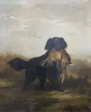 Black retriever with a hare by J. Detker, 1879, oil on canvas, sold May 2021
