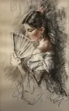 Spanish woman holding a fan by Franco Matiana, pastel, sold May 2021