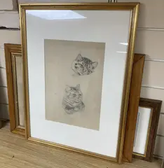 Studies of a sleeping tabby cat, further studies verso, Chris Beetles label, 34 x 24cm and 2 colour prints after Wain by Louis Wain, pencil, sold May 2021