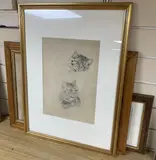 Studies of a sleeping tabby cat, further studies verso, Chris Beetles label, 34 x 24cm and 2 colour prints after Wain by Louis Wain, pencil, sold May 2021
