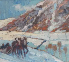 Winter landscape with horse-drawn sleigh by Léon Londot, oil, sold Oct 2026