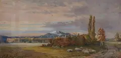 Landscape with sheep before a hill fort by Lennox Browne, watercolor, sold Oct 2026