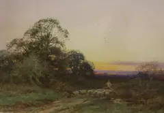 Shepherd and flock at sunset by Henry John Sylvester Stannard, watercolour, sold Apr 2021