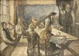 Tavern scene by Archibald Standish Hartrick, 1906, watercolour, sold Apr 2021