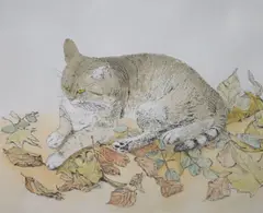 Cat among autumn leaves by Gillian Whaite, etching and watercolour, sold Apr 2021