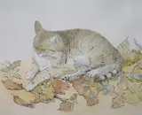 Cat among autumn leaves by Gillian Whaite, etching and watercolour, sold Apr 2021