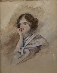 Study of a woman eating an apple, initialled, 12.5 x 10cm initialled and dated '14, 5 x 4 ins by Rowland Fisher, watercolour, sold Apr 2021