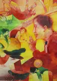 Figures and birds, 74 x 55cm by Bob Ballard, watercolour on paper, offered Apr 2021