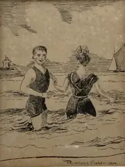 Bathers by Rowland Fisher, 1914, ink, sold Apr 2021