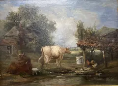 Farmyard scene by James M. Burnet, oil on canvas, sold Apr 2021