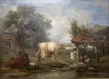 Farmyard scene by James M. Burnet, oil on canvas, sold Apr 2021