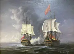 Men'o war sea battle by Bernard Page, oil on board, sold Apr 2021
