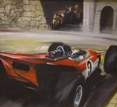 Motor racing scene by Dion Pears, oil on canvas, sold Apr 2021