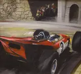 Motor racing scene by Dion Pears, oil on canvas, sold Apr 2021