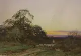 Shepherd and flock at sunset by Henry John Sylvester Stannard, watercolour, sold Apr 2021