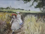 Girls in a cornfield by John S. Goodall, watercolour, sold Apr 2021