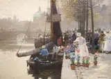 Flower Market in Amsterdam' signed 16 x 22.25in by Hans Hermann, oil on canvas, sold Mar 2021