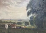 Cattle in a landscape by Frank Cowley, oil on board, sold Mar 2021