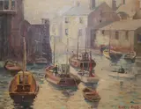 Fishing boats in harbour by Marcus Ford, oil on canvas, sold Mar 2021
