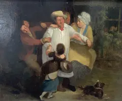 The Village Holiday' signed, 23.5 x 28.5cm by David Wilkie, oil on board, sold Mar 2021