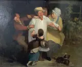 The Village Holiday' signed, 23.5 x 28.5cm by David Wilkie, oil on board, sold Mar 2021