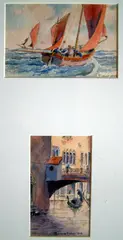 Gorleston mackerel boats & Ponte St Apostoli, Venice by Rowland Fisher, 1914, watercolor, sold Mar 2021