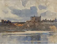 Waterside castle by Moffat Peter Lindner, watercolour, sold Mar 2021