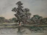 Bembo Pond, Cowdray Park by Adrian Hill, watercolour and charcoal, offered Mar 2021