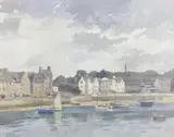 Fishing boats in harbour by Frank Sherwin, watercolour, sold Mar 2021