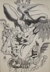 Zoomorphic figures by Patrick Woodroffe, 1966, ink on paper, sold Mar 2021