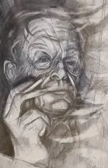 Auden relaxing by Anthony Rossiter, charcoal, sold Mar 2021