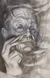Auden relaxing by Anthony Rossiter, charcoal, sold Mar 2021