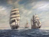 Sailing clipper and other vessels at sea by Max Parsons A.R.C.A., oil on board, sold Mar 2021